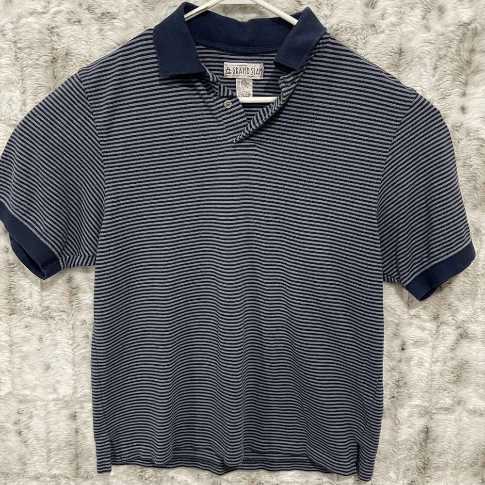 Grand Slam Munsingwear Polo Shirt Cotton Gray Blue Striped Mens Medium